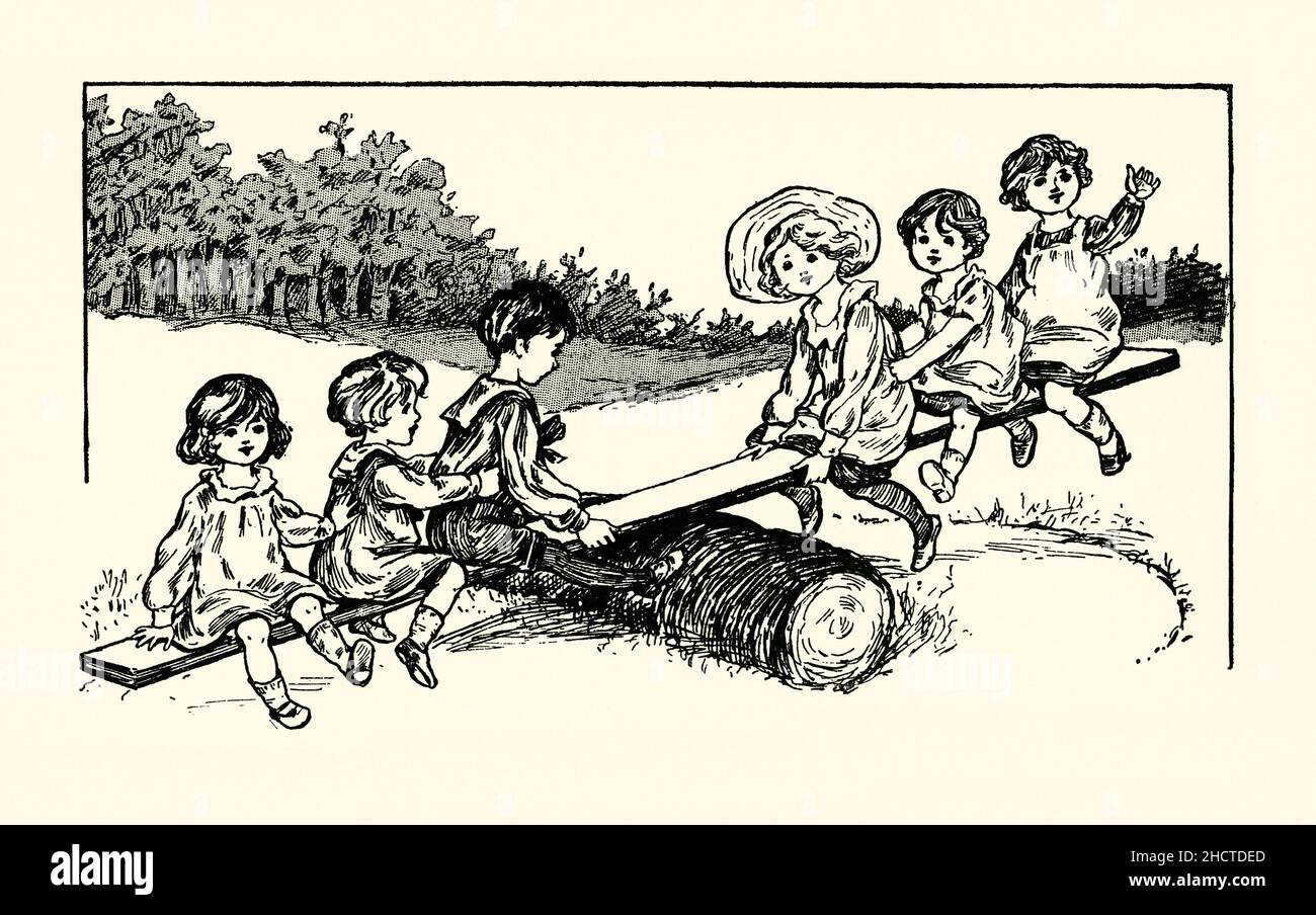An old book illustration of children playing outdoors on a see-saw from an old children’s annual c. 1930. The children appear to be wearing clothes of an earlier era – possibly late Victorian. These books were a staple Christmas present of childhood – twentieth century graphics. Stock Photo