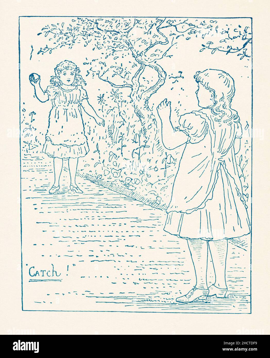 A Victorian book illustration c. 1800 showing two girls playing ‘catch’ with a ball on their garden path – nineteenth century graphics. Stock Photo