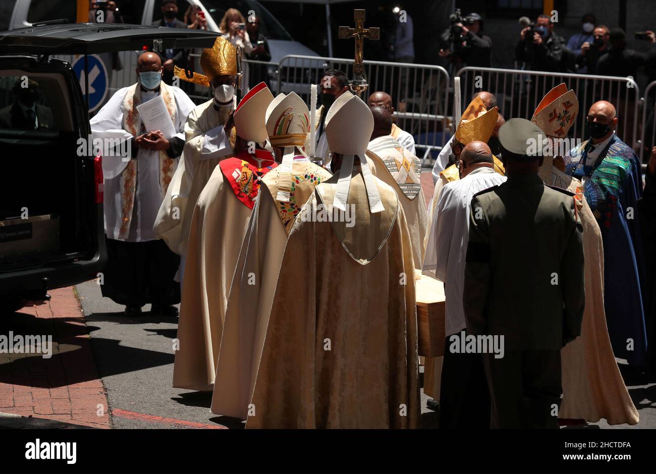 Pallbearers carry the casket holding the body of Archbishop Desmond Tutu after his funeral service at St George's Cathedral in Cape Town, South Africa, January 1, 2022. REUTERS/Mike Hutchings Stock Photo