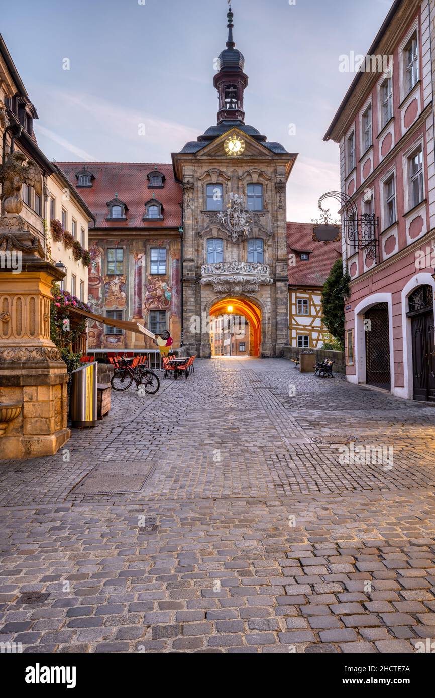The old town of Bamberg in Bavaria with the famous historic town hall at dawn Stock Photo