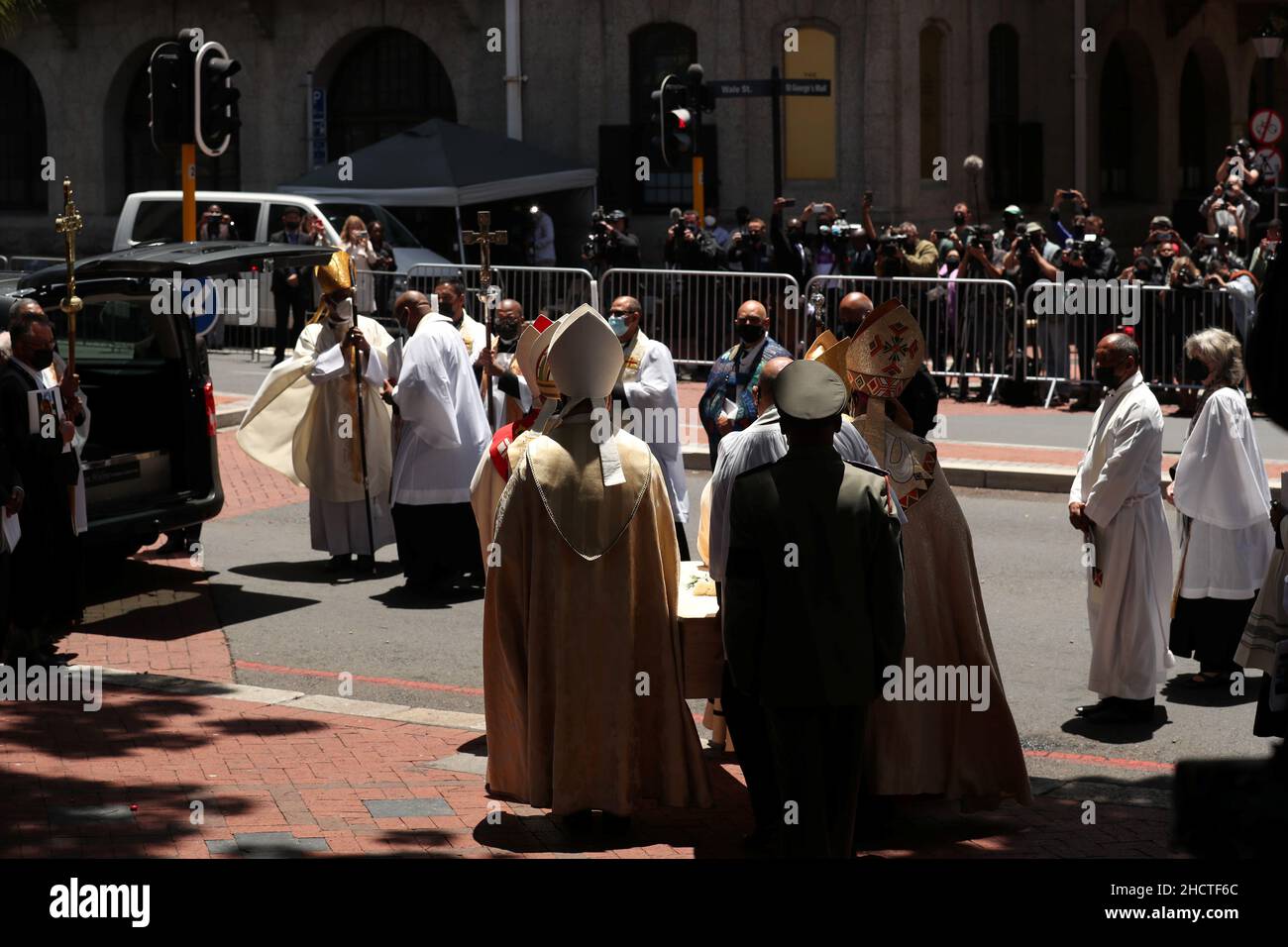 Pallbearers carry the casket holding the body of Archbishop Desmond Tutu after his funeral service at St George's Cathedral in Cape Town, South Africa, January 1, 2022. REUTERS/Mike Hutchings Stock Photo