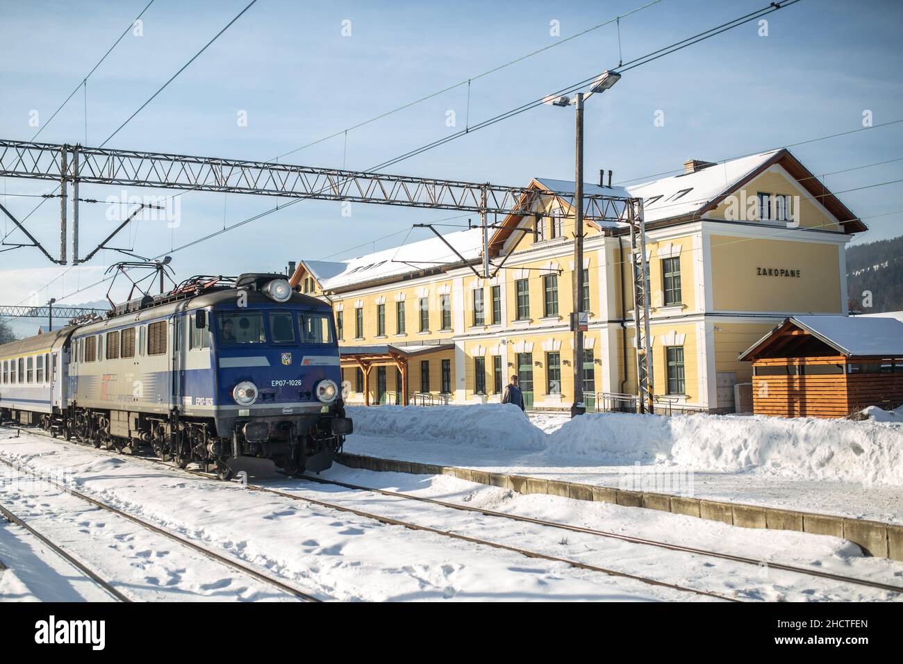 Zakopane, Poland - December 28, 2021: Train at Zakopane train station on December 28, 2021. Stock Photo