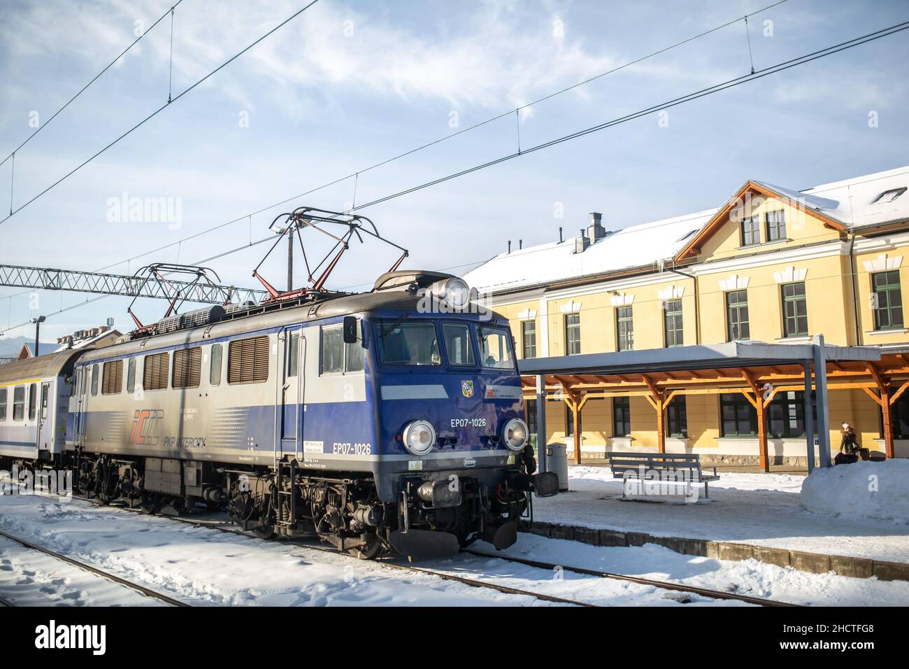 Zakopane, Poland - December 28, 2021: Train at Zakopane train station on December 28, 2021. Stock Photo