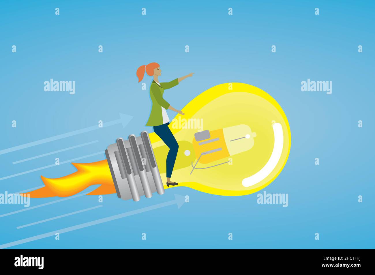 Woman with great idea. Flying on lightbulb. Vector illustration. Dimension 16:9 EPS10. Stock Vector