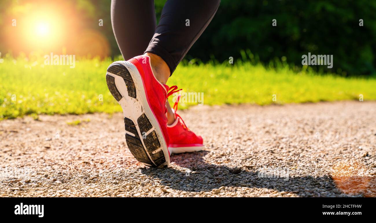 Running shoes runner woman run in forest park at summer. Jogging girl ...