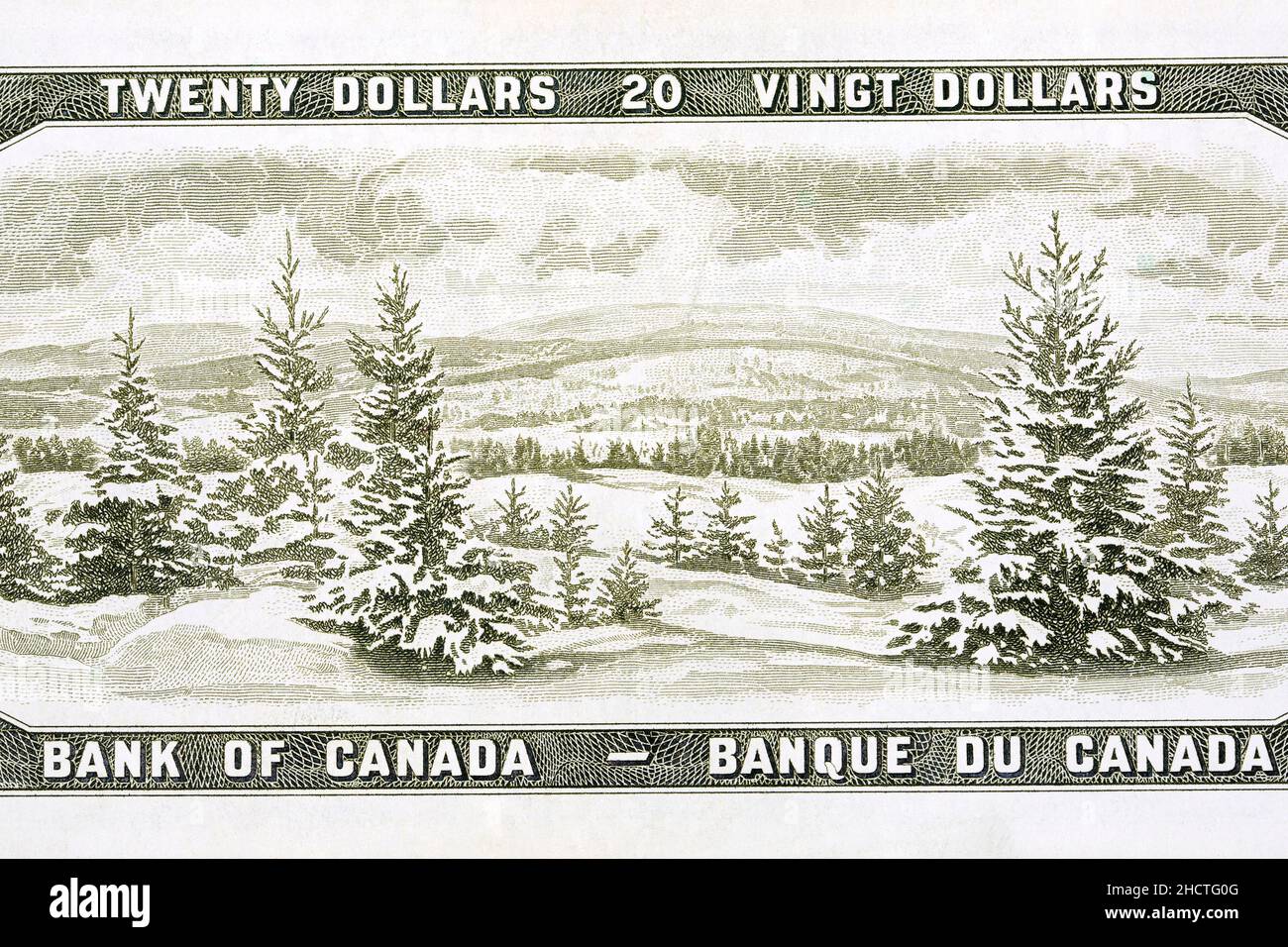 Laurentian hills in winter from old Canadian money - Dollars Stock Photo