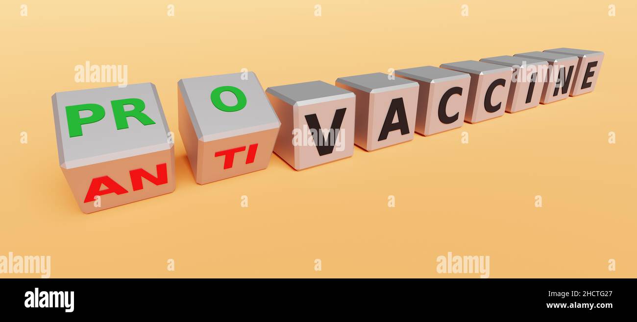 Anti coronavirus covid-19 vaccine concept. Cubes with words: vaccination, anti, pro. 3d rendering Stock Photo