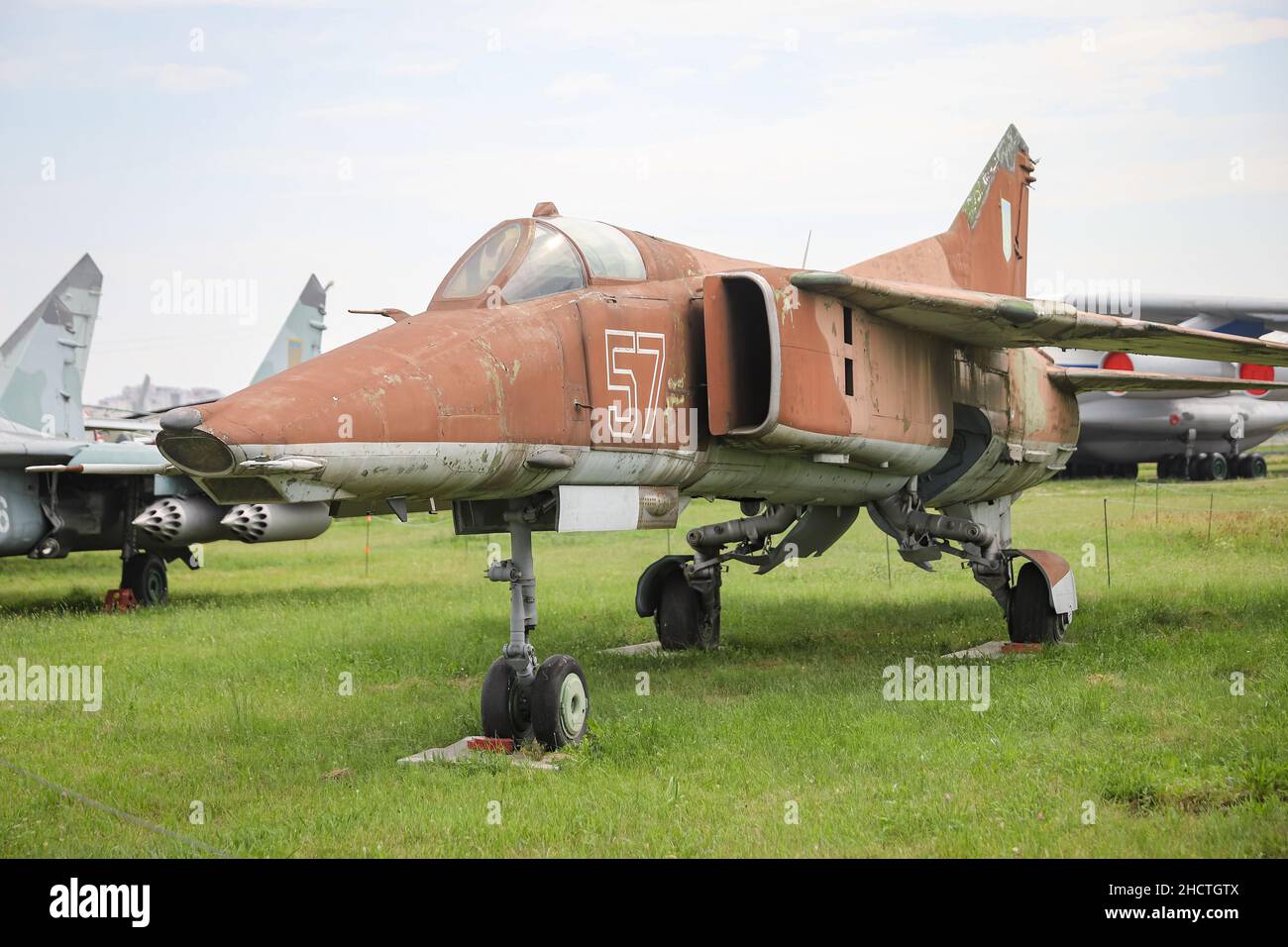 KIEV, UKRAINE - AUGUST 01, 2021: Ukrainian Air Force Mikoyan-Gurevich MiG-27 Flogger displayed at Oleg Antonov State Aviation Museum Stock Photo