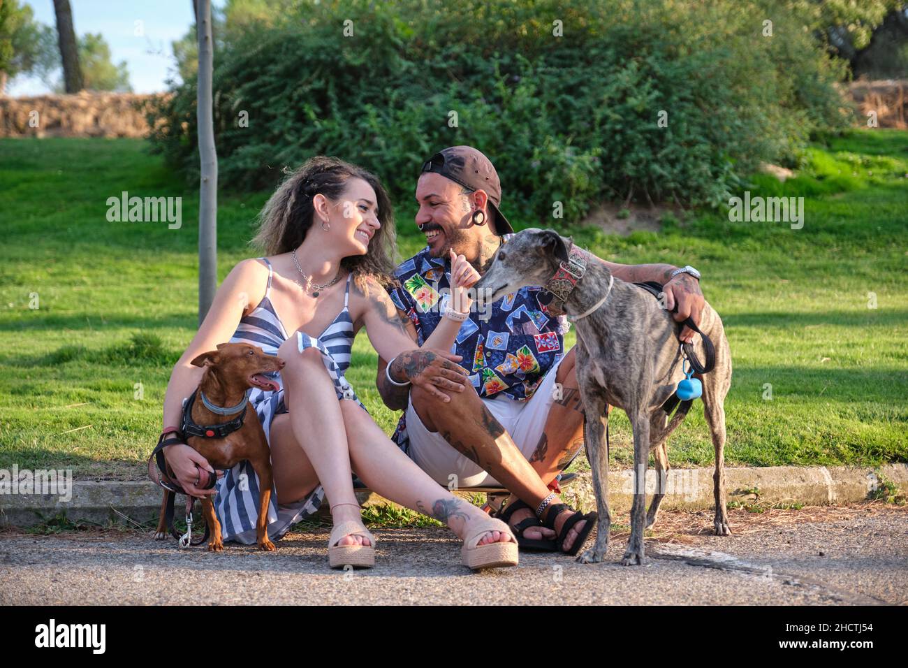 Young tattooed couple hugging and sitting with their dogs Stock Photo ...