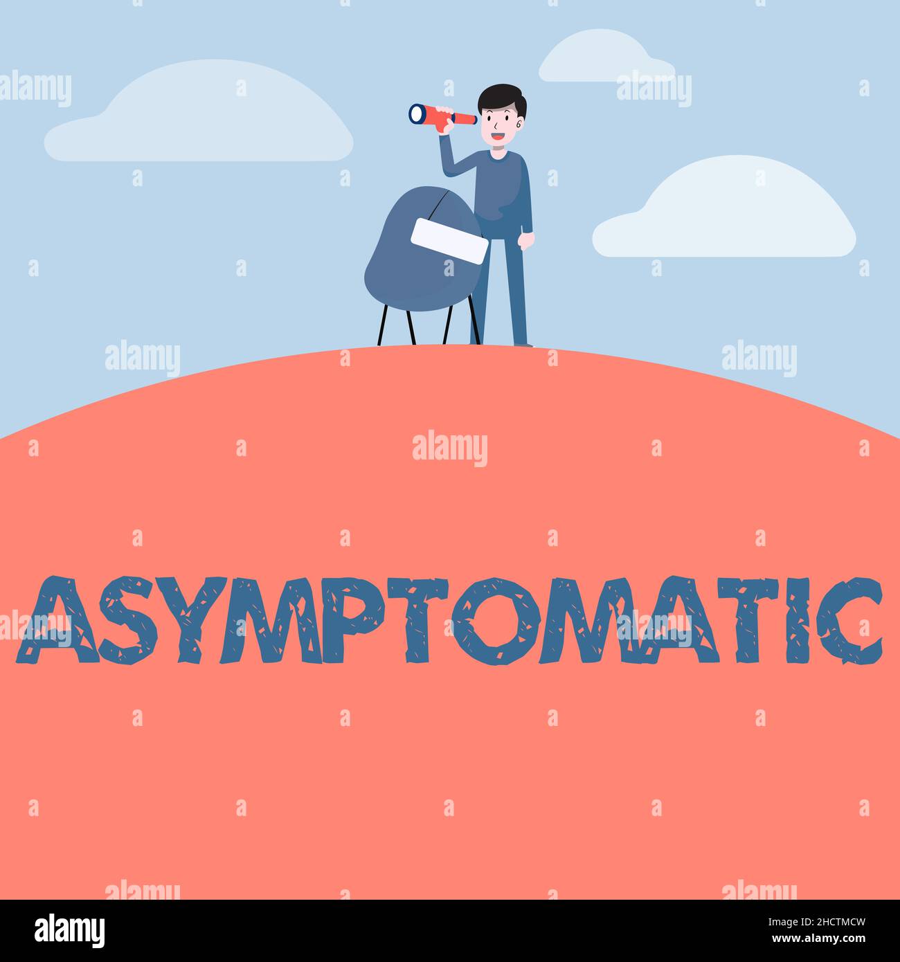 Sign displaying Asymptomatic. Word for a condition or a person producing or showing no symptoms Man Binoculars Illustration Standing Chair With Sign Stock Photo