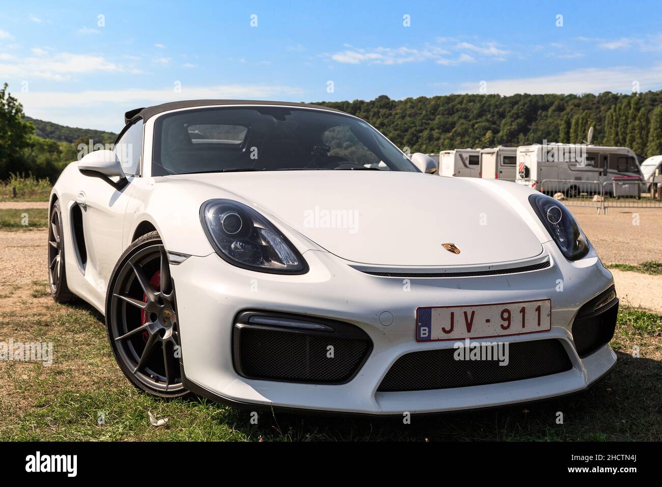 GIVERNY, FRANCE - AUGUST 31, 2019: This is a luxury sport car Porsche Boxter Spyder, which is  manufactured by famous German company. Stock Photo
