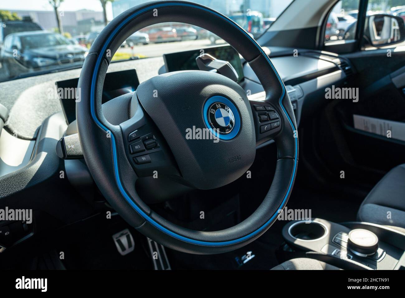 Detail of BMW i3 Electric Car Dashboard and Wheel. BMW i3 is a five ...