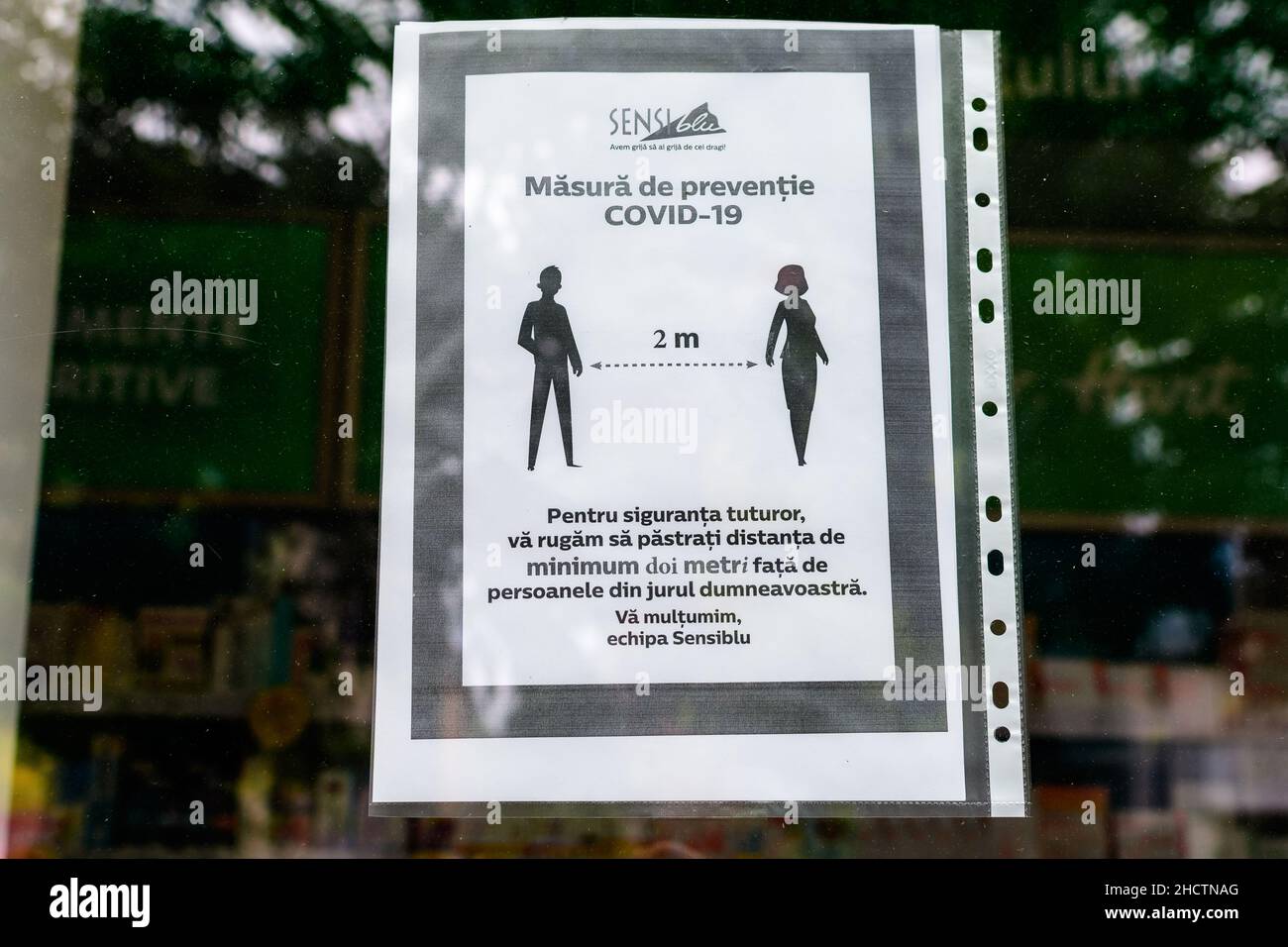 Bucharest, Romania June 6, 2020 Poster indicating 2 meters social