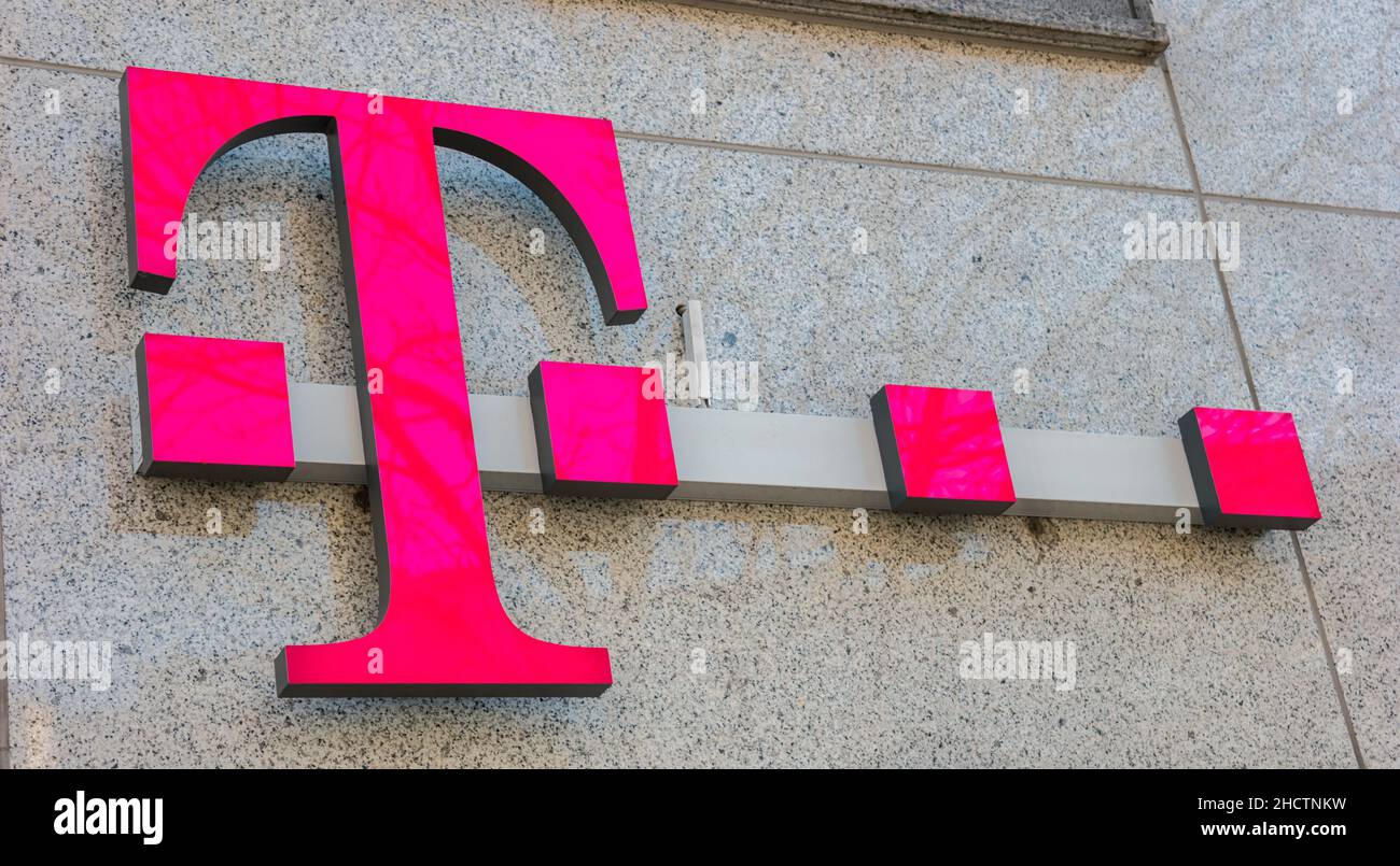 Logo of Deutsche Telekom on a shop. There are around 750 so called 'T-Punkt' shops which sell products and services of Deutsche Telekom. Stock Photo