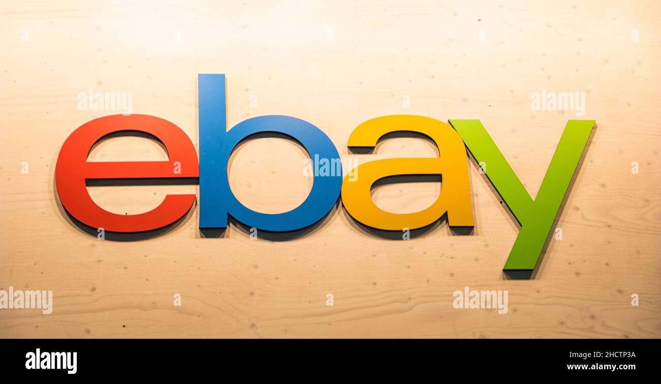 Ebay logo on a wall. Ebay is an American multinational corporation and e-commerce company, providing consumer-to-consumer and business-to-consumer sal Stock Photo