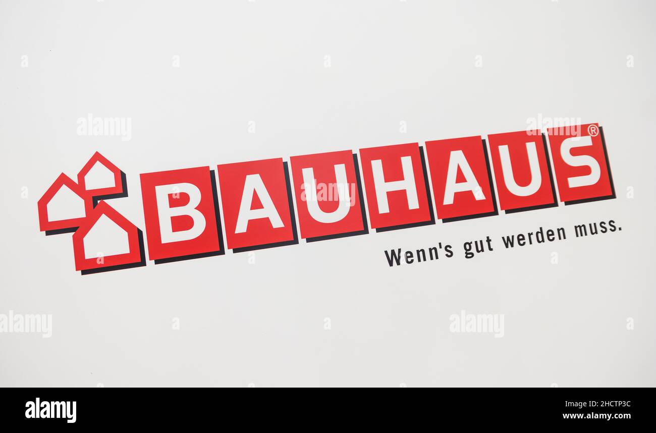 Bauhaus shop Logo. Headquartered in Switzerland, Bauhaus is famous and one of the biggest chains of do it yourself stores all over Europe with 200 bra Stock Photo