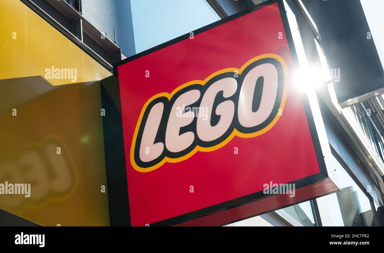 Lego logo on a store building. Lego is a line of plastic construction toys that are manufactured by The Lego Group, a privately held company based in Stock Photo