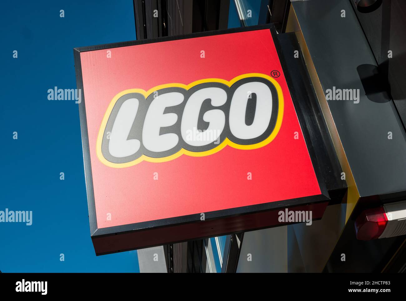 Lego logo on a building. Lego is a line of plastic construction toys that are manufactured by The Lego Group, a privately held company based in Billun Stock Photo
