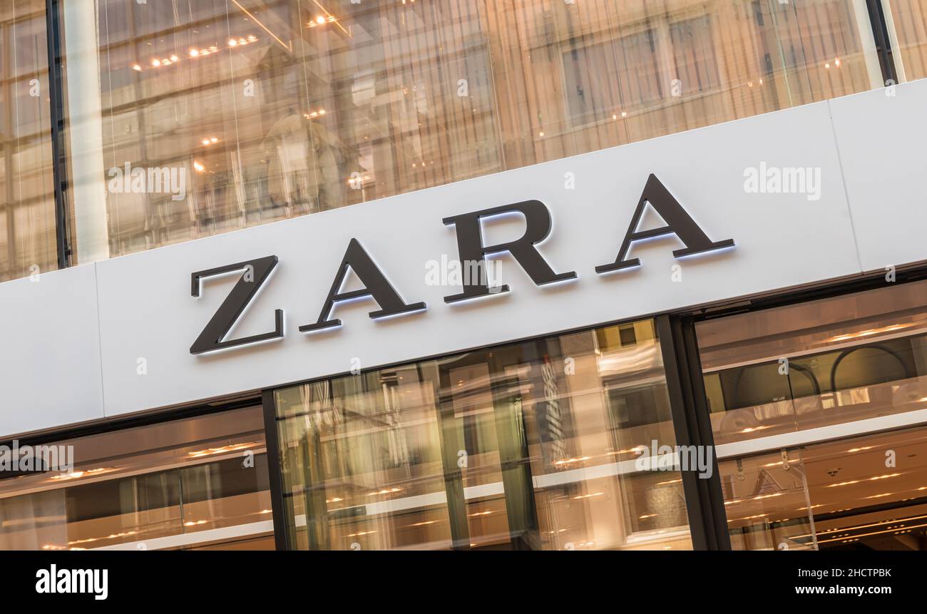 Zara logo on a store. Zara is a Spanish clothing and accessories retailer  based in Arteixo, Galicia, and founded in 1975 by Amancio Ortega and  Rosalia Stock Photo - Alamy