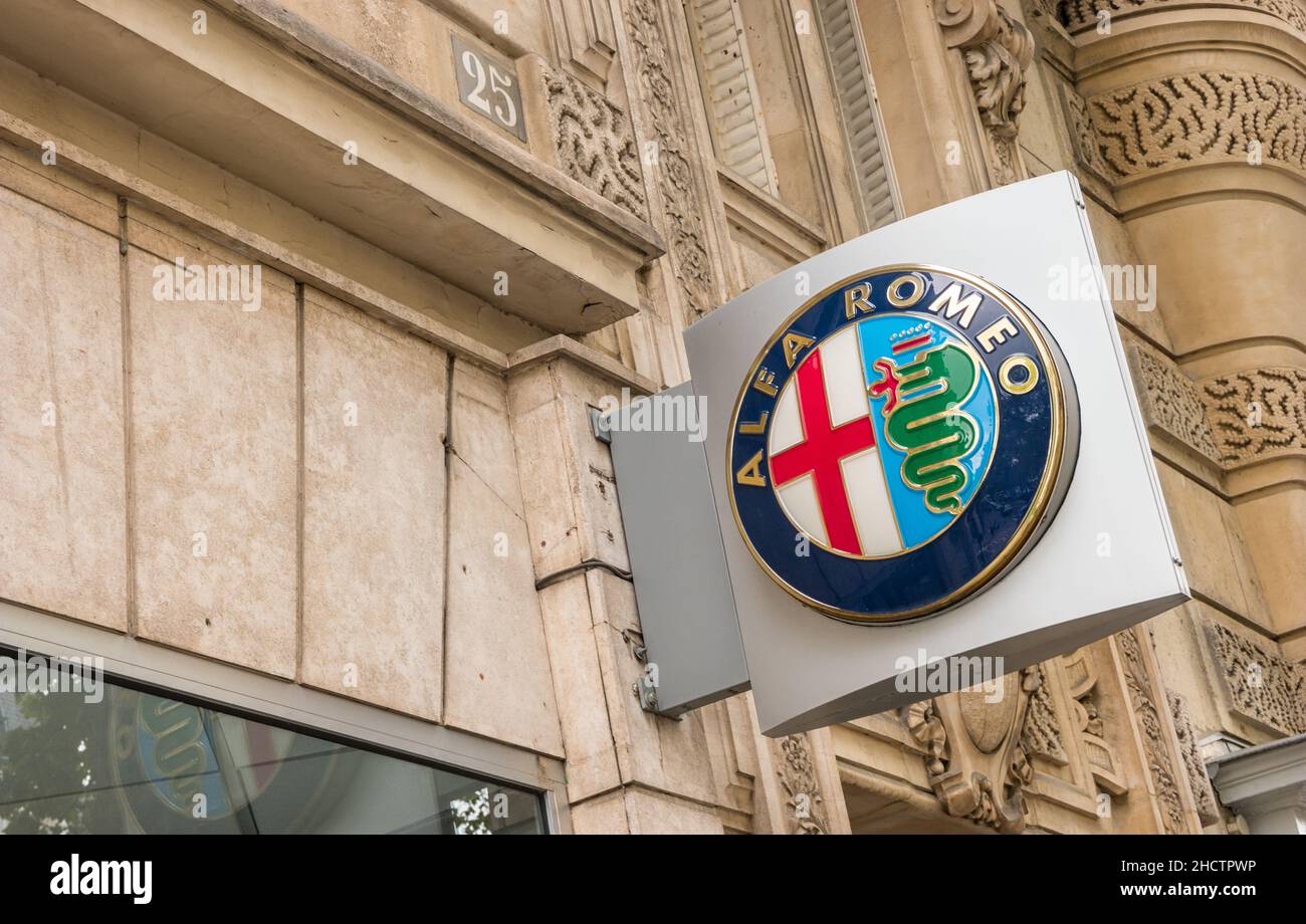 Alfa Romeo motor company logo on building. Alfa Romeo Automobiles S.p.A