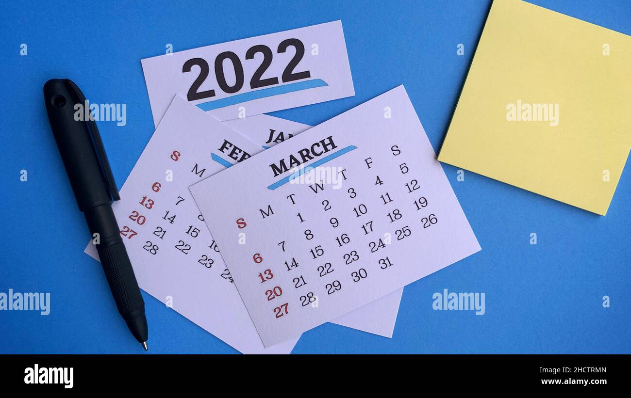 Close up of March month with background of assorted calender of various months. 2022 New Year concept Stock Photo