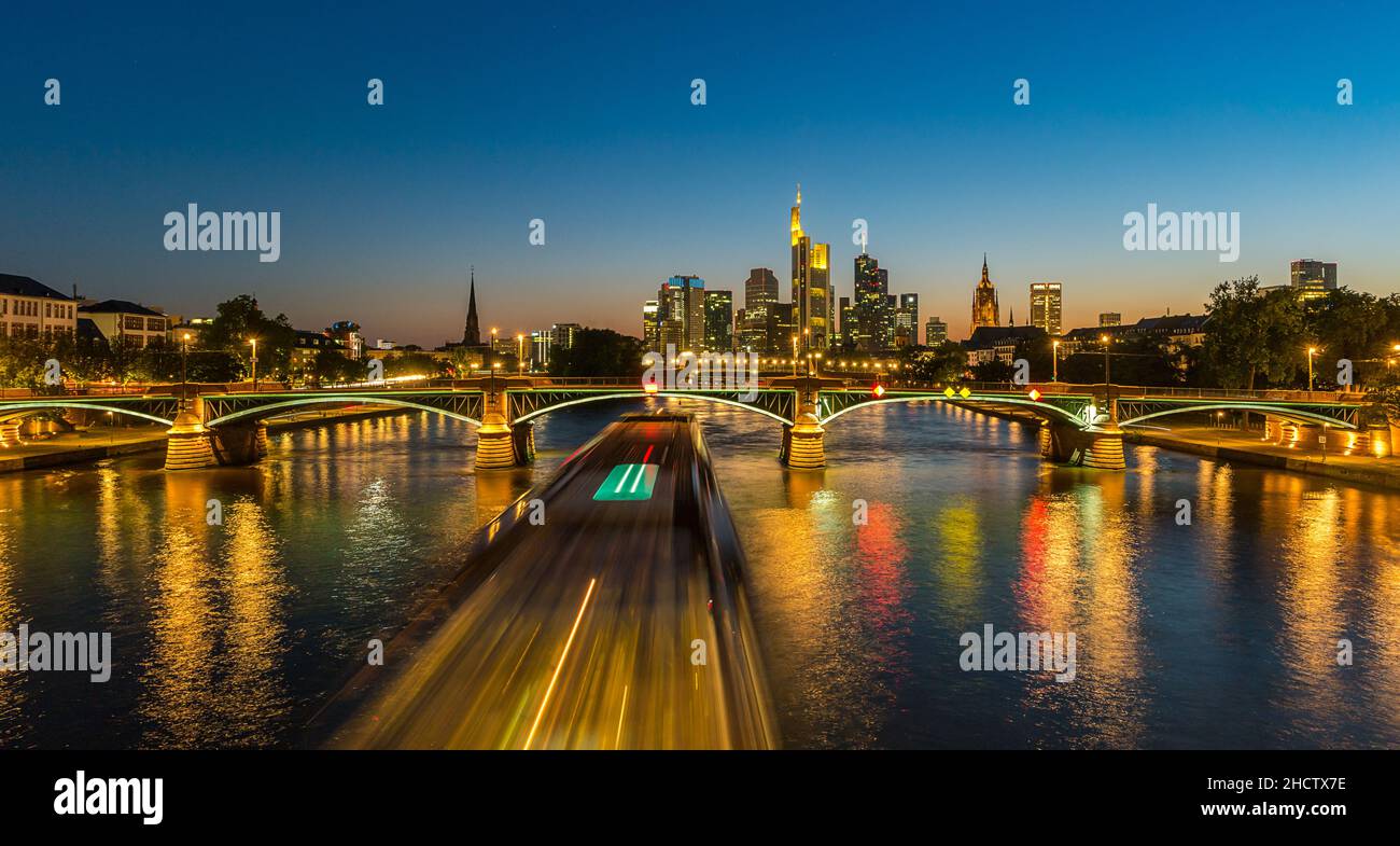 Frankfurt Skyline at summer sunset night view, germany Stock Photo