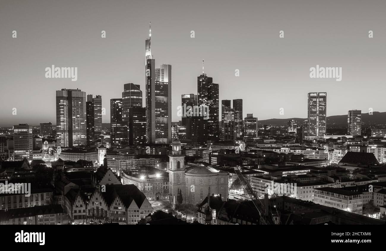 Frankfurt Sykline at night monochrome Stock Photo