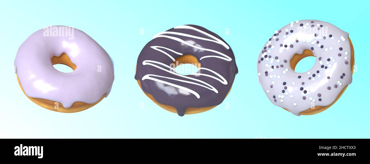 Three different donuts on a blue background. 3D illustration Stock ...