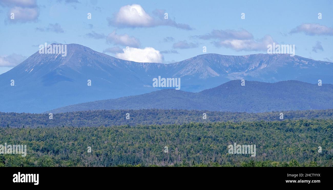 A panoramic view of Mount Katahdin on a midsummer morning Stock Photo