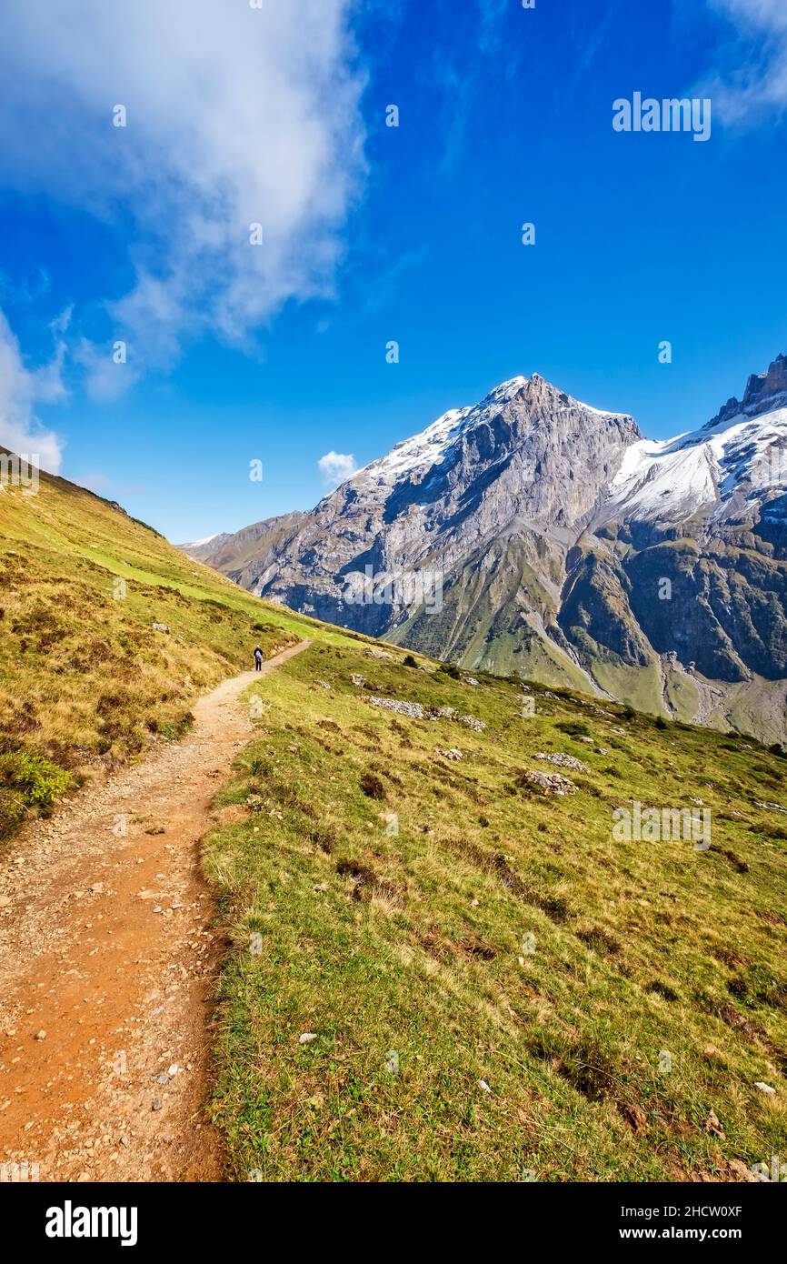 Mountain hiking trail in swiss alps near Engelberg, view on snowcapped summits, blue sky, sunny scene Stock Photo