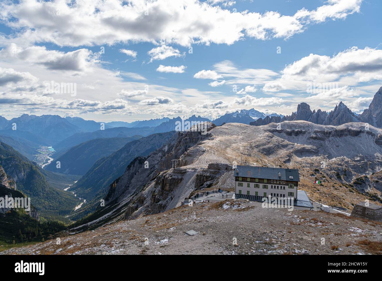 The house Rifugio Auronzo near the mountains Tre Cime di Lavaredo, Italy Stock Photo