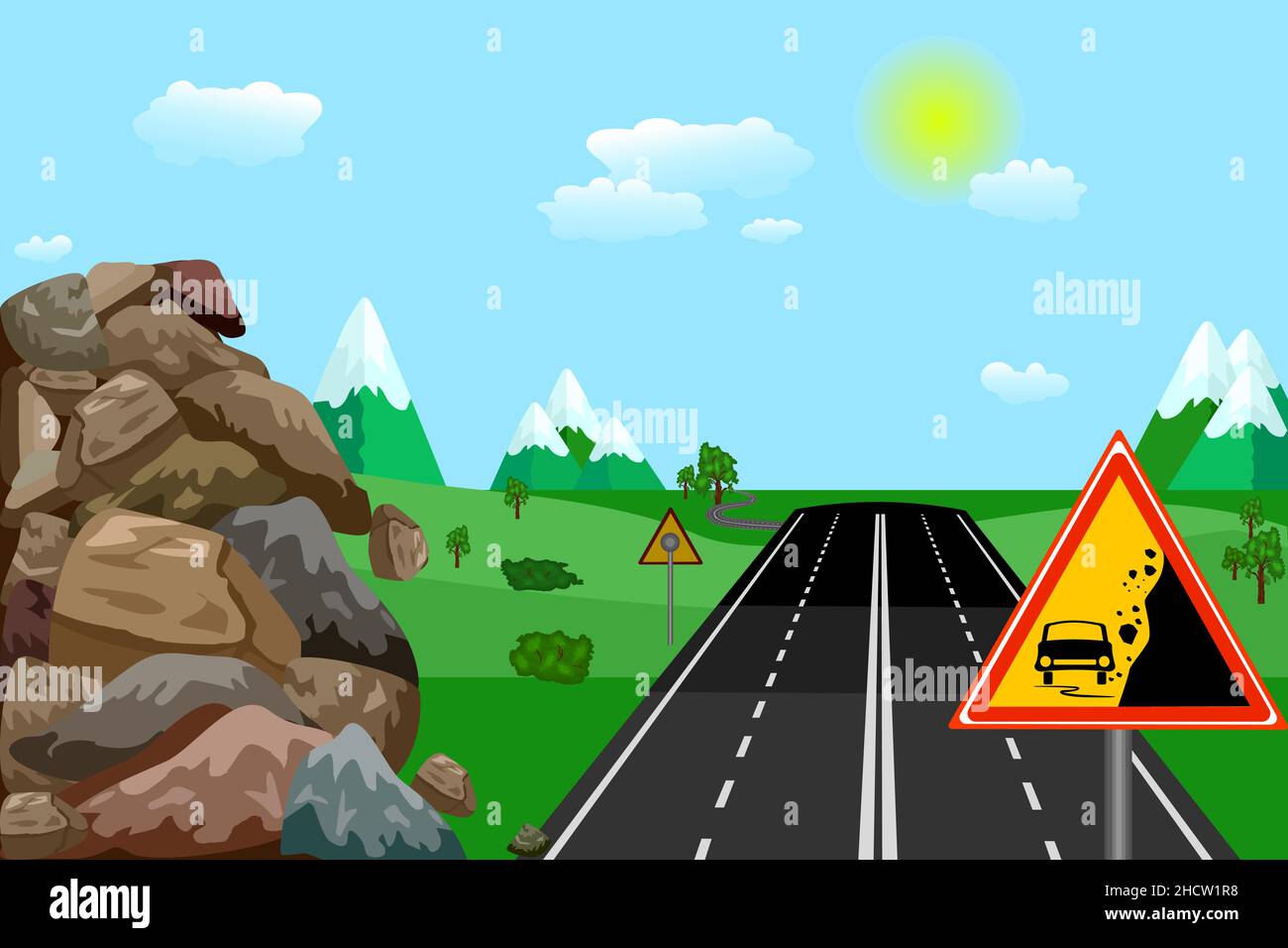 Warning falling rocks sign on road in landscape. Danger sign with car and stones landslide. Traffic with rockslide.Rockfall from mountain on highway Stock Vector