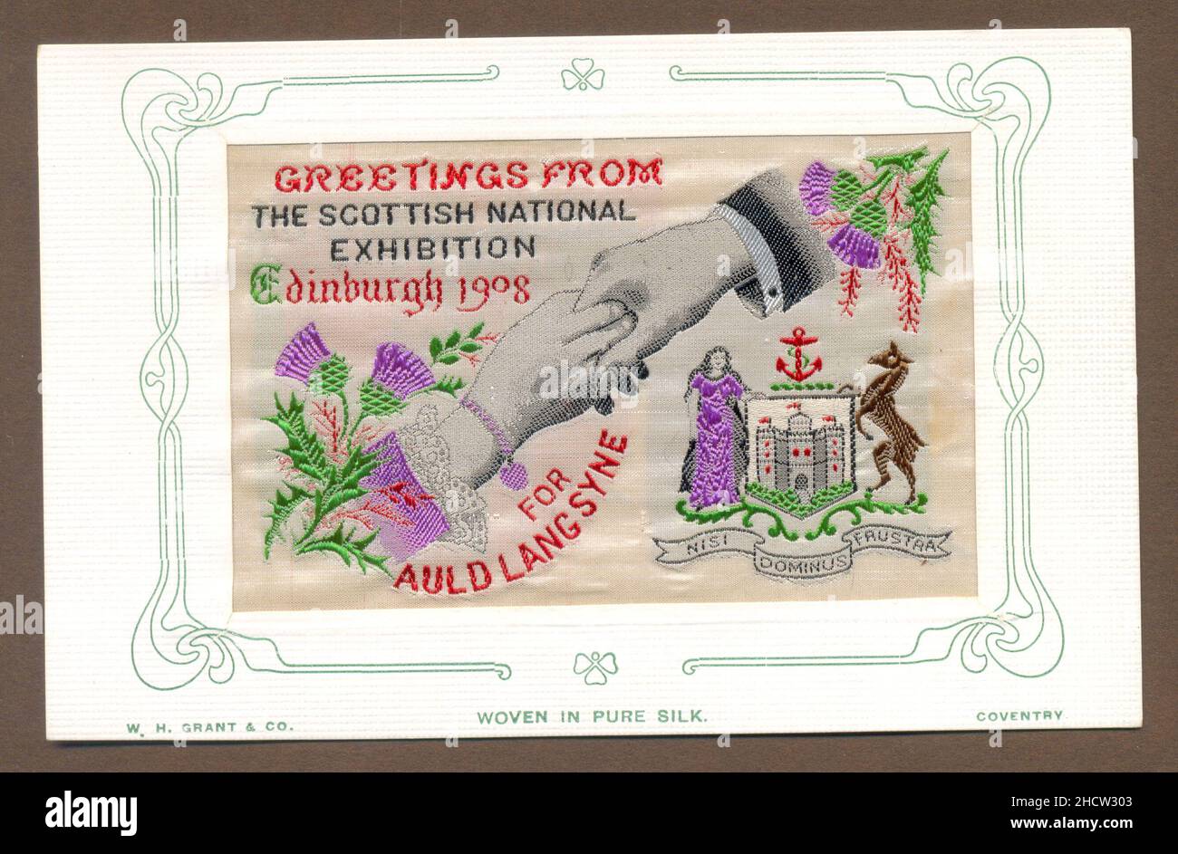 Souvenir postcard in woven silk by W H Grant, Coventry, for the Scottish National Exhibition, Edinburgh 1908 Exhibition 1907 Stock Photo