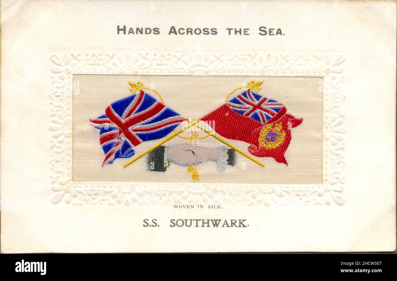 Souvenir postcard for Steam Ship Southwark in woven silk 1908 Stock Photo
