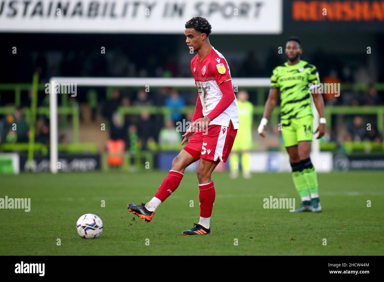 Nailsworth, UK. JAN 1ST Terence Vancooten of Stevenage pictured with the ball during the Sky Bet League 2 match between Forest Green Rovers and Stevenage at The New Lawn, Nailsworth on Saturday 1st January 2022. (Credit: Kieran Riley | MI News) Credit: MI News & Sport /Alamy Live News Stock Photo