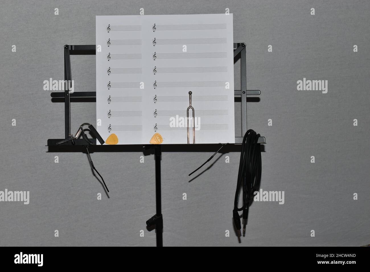 Vaduz, Liechtenstein, November 19, 2021 Music sheets used on stage on a black stand Stock Photo