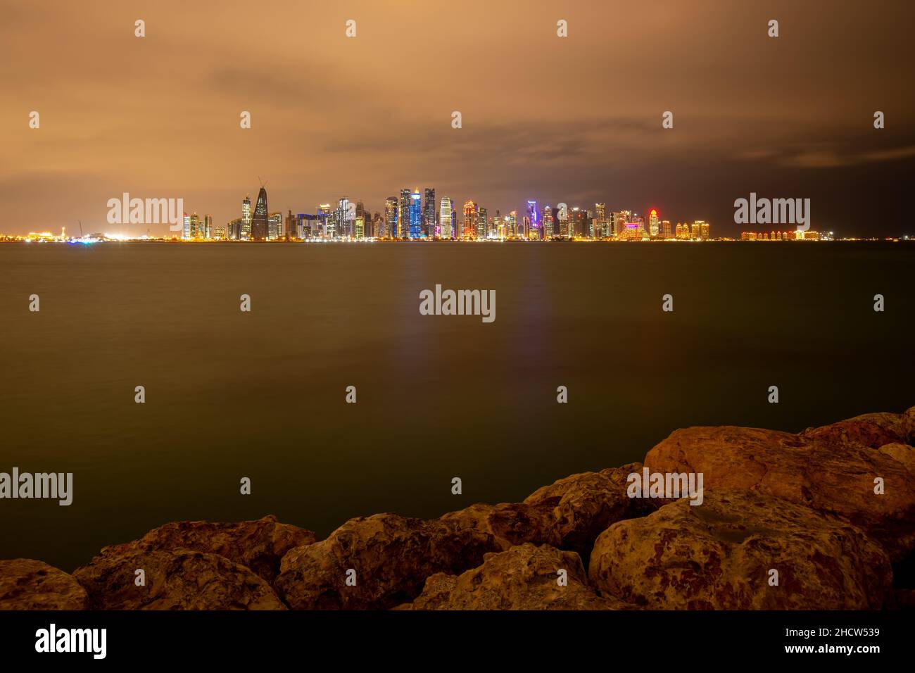 Rainy Skyline of Doha City after rain. Doha Cornice Stock Photo