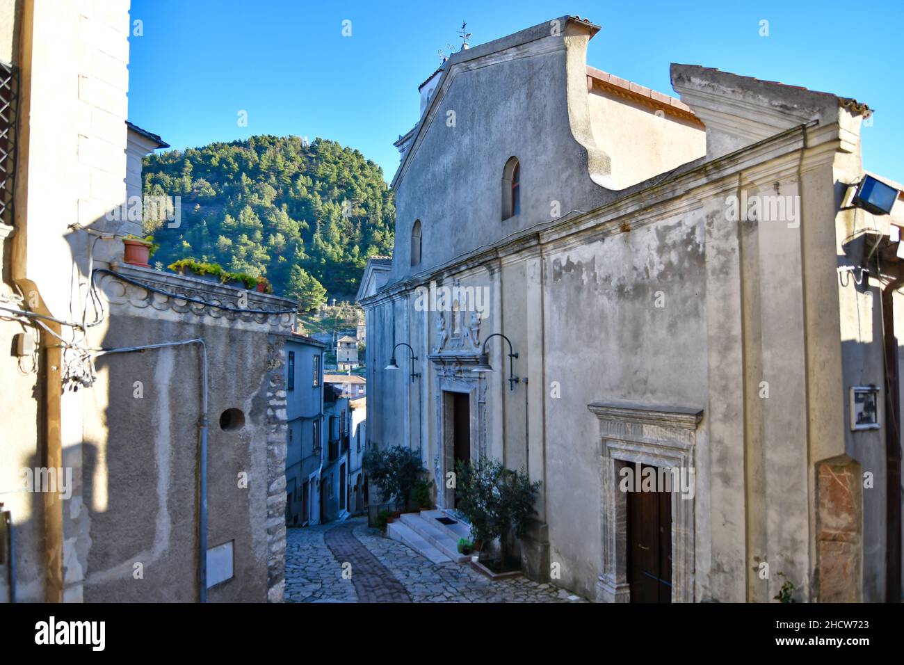 The facade of the Savoia church of Lucania, a small village in Basilicata, Italy. Stock Photo