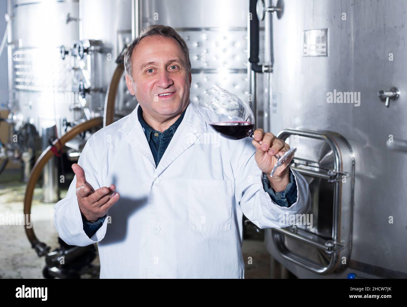 Wine maker controls quality of wine Stock Photo