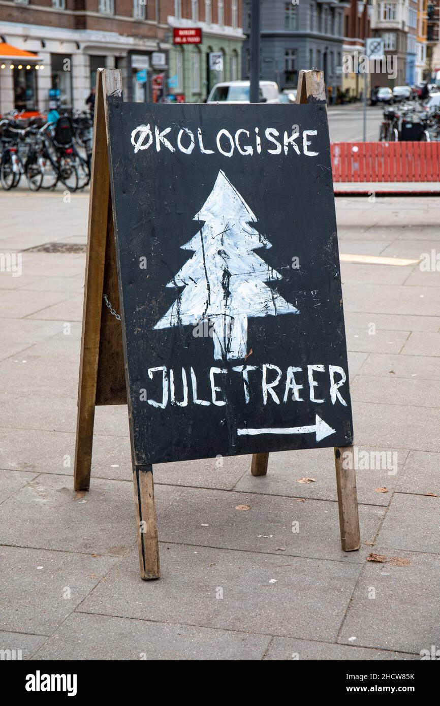 A-frame blackboard sign pointing way to organic Christmas trees in Copenhagen, Denmark Stock Photo