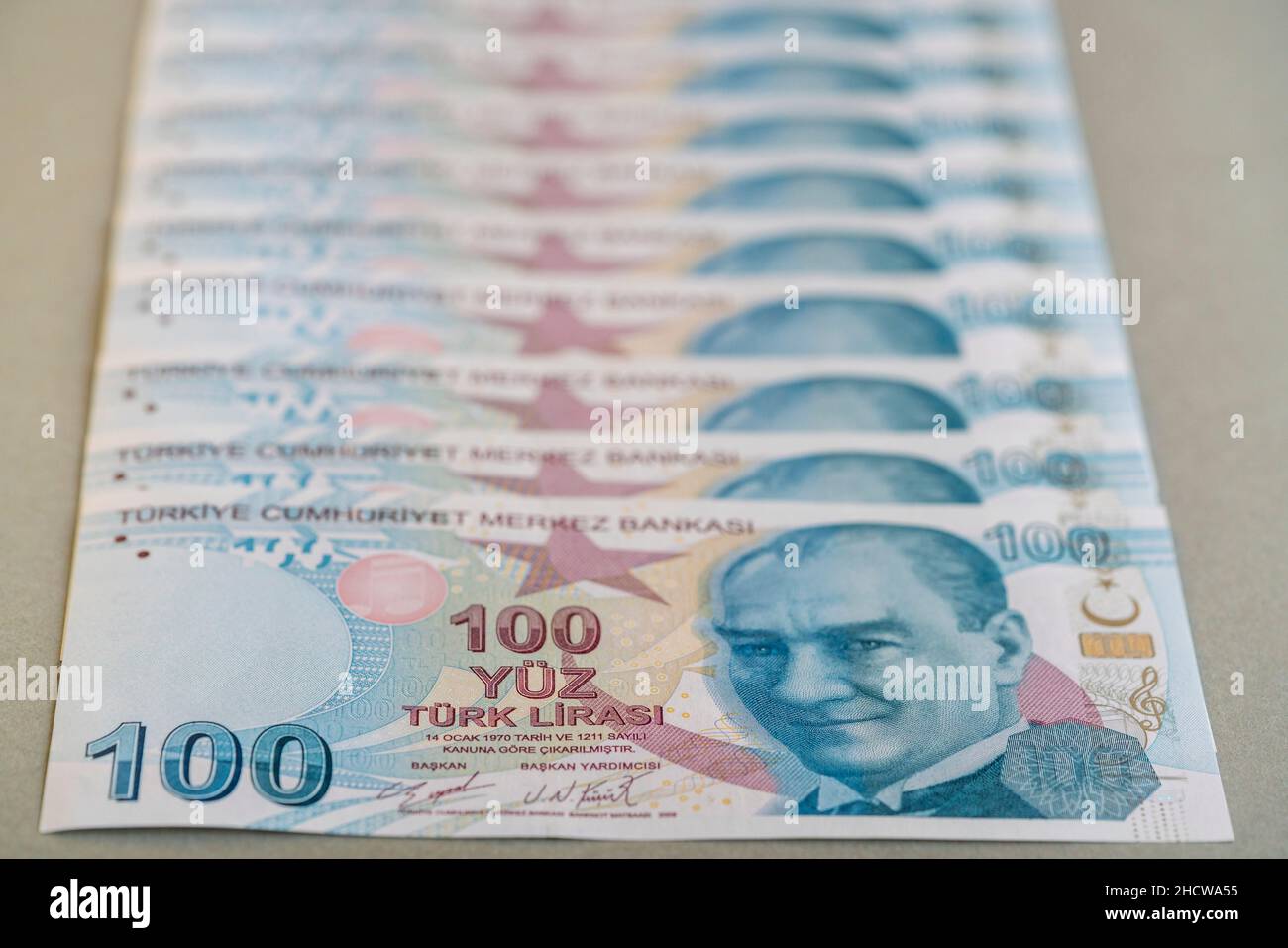 Turkish Lira, Background with hundred Turkish Lira banknotes that Republic of Turkey currency with selective focus and noise effects Stock Photo