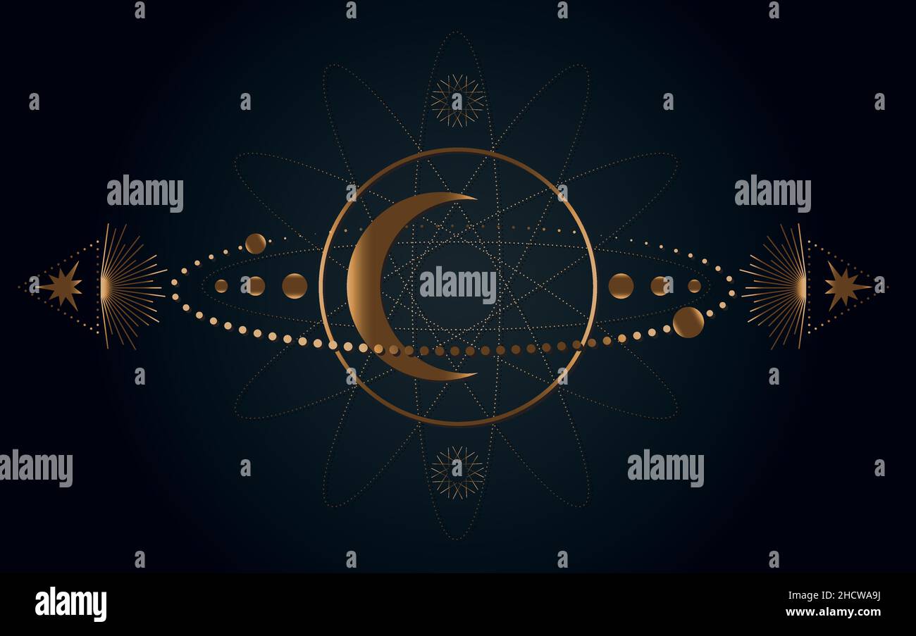 Mystical Sacred geometry. Moon, stars, orbits. Gold Moon magic pagan
