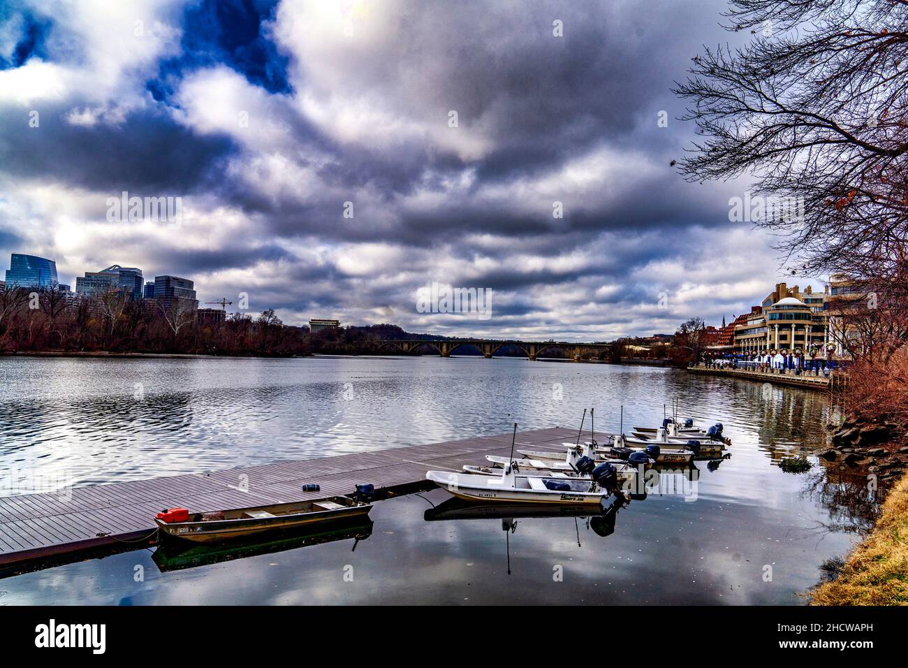 Winter sky over Georgetown Harbor, in Washington DC. Stock Photo
