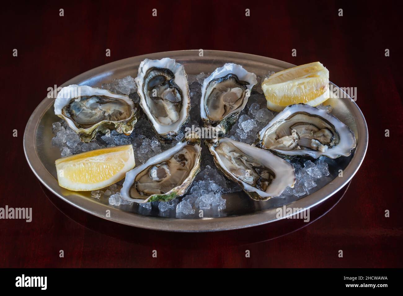 An exquisite and expensive dish of sea clams of oysters with ice and lemon on an iron plate on a wooden table. Stock Photo