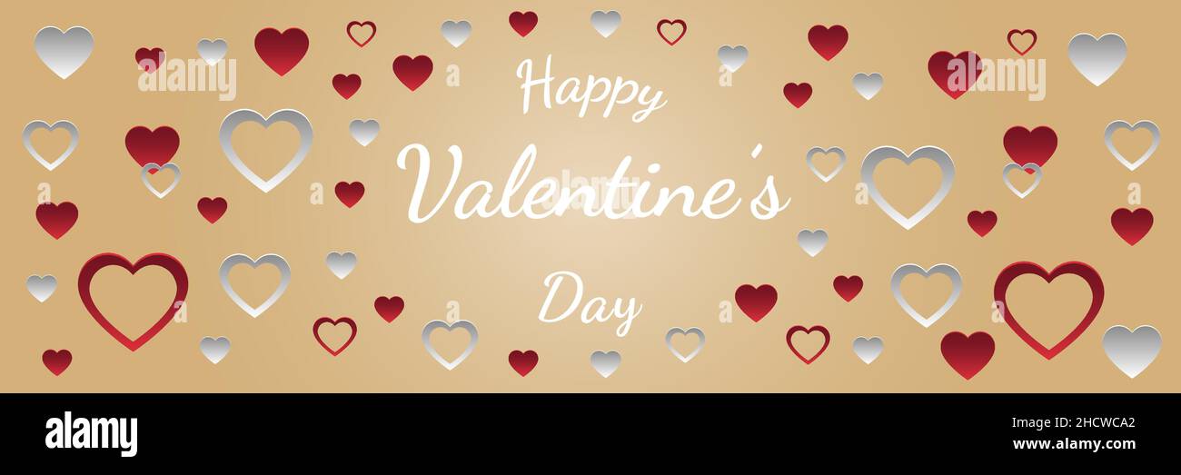 Happy Valentine’s day greeting card with red and white hearts on beige ...