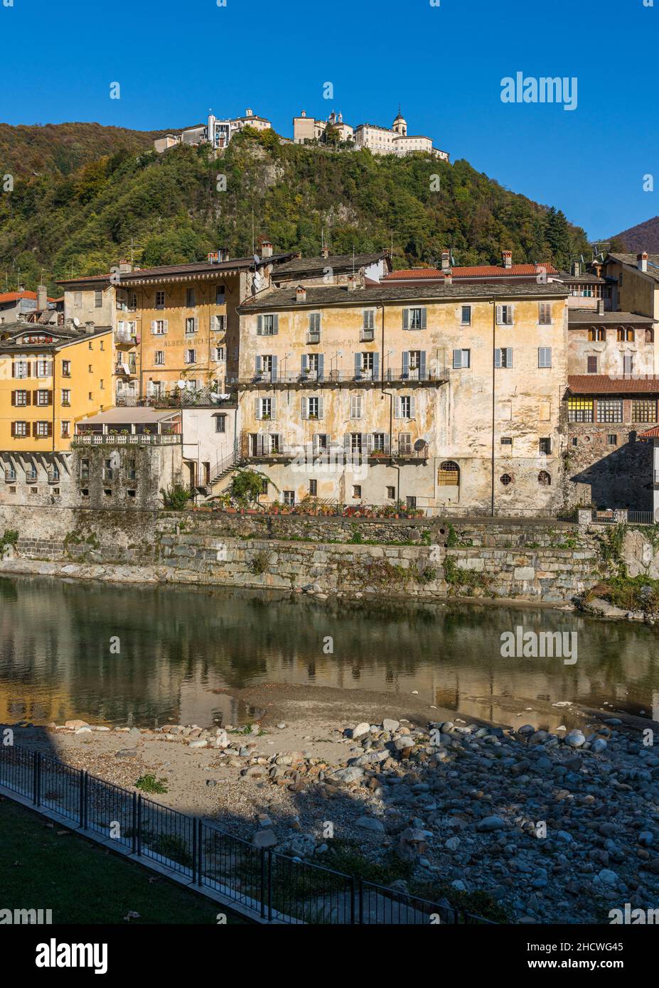 The beautiful village of Varallo, during fall season, in Valsesia (Sesia Valley). Province of Vercelli, Piedmont, Italy. Stock Photo