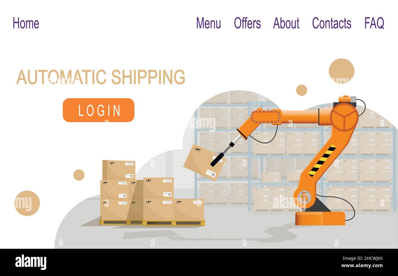 Automated warehouse operation. Robot arm.  banner design. Vector