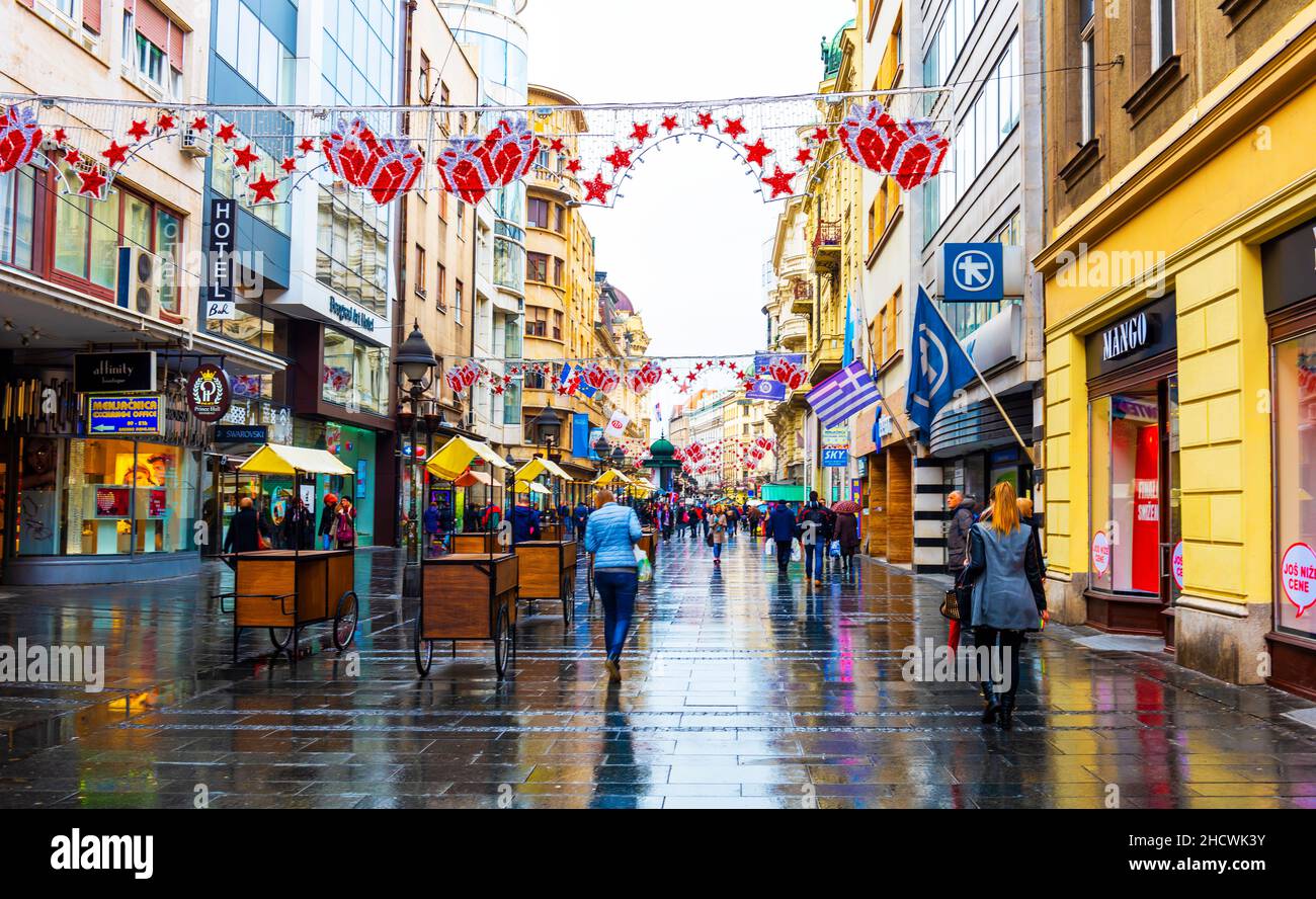 BELGRADE, SERBIA - FEBRUARY 4, 2017: Knez Mihailova Street. The most famous street is the main shopping mile of Belgrade. Belgrade, Serbia. Stock Photo