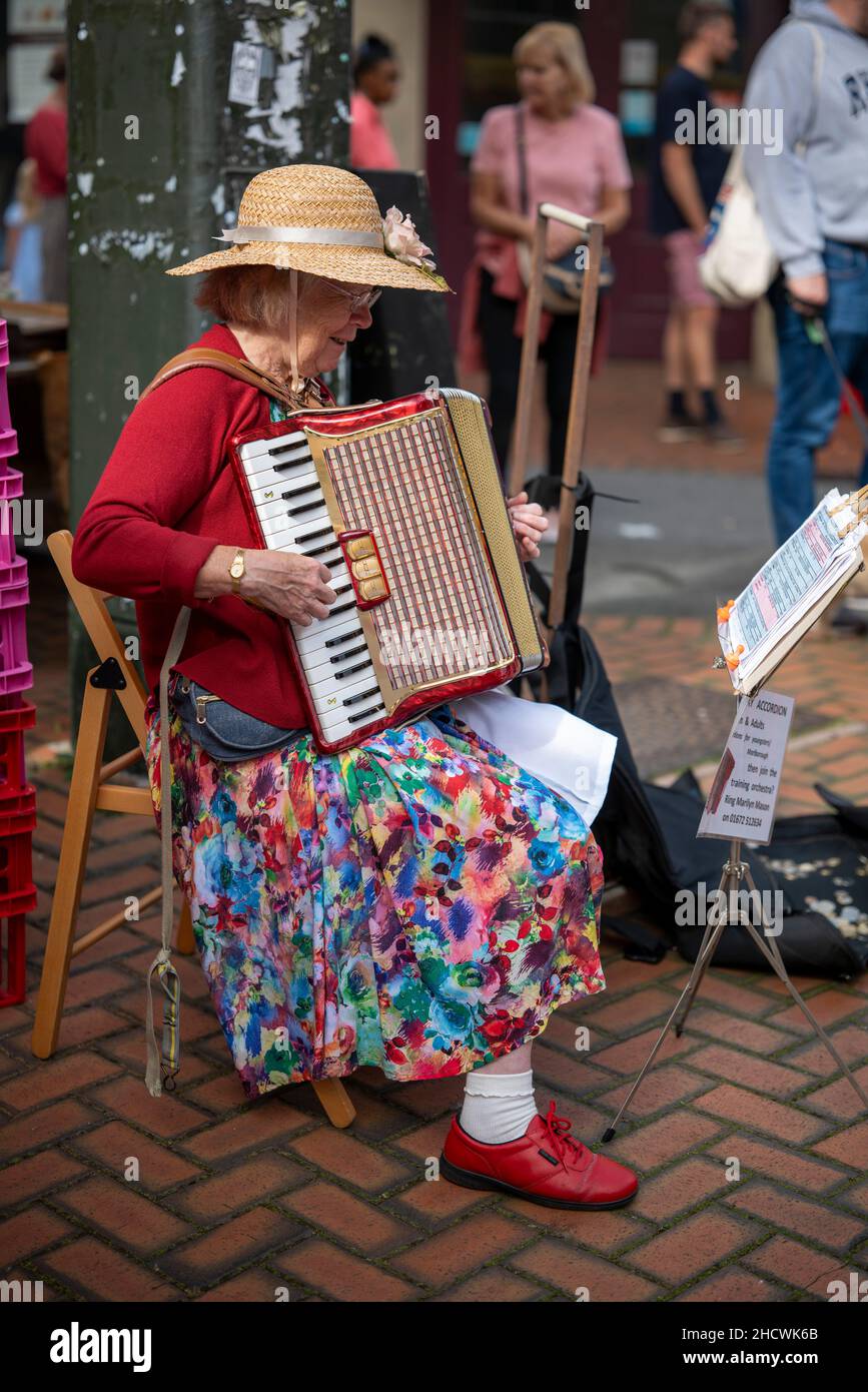 A folk musician playing an accordion at Stroud Farmers Market, Gloucestershire, UK. Stock Photo