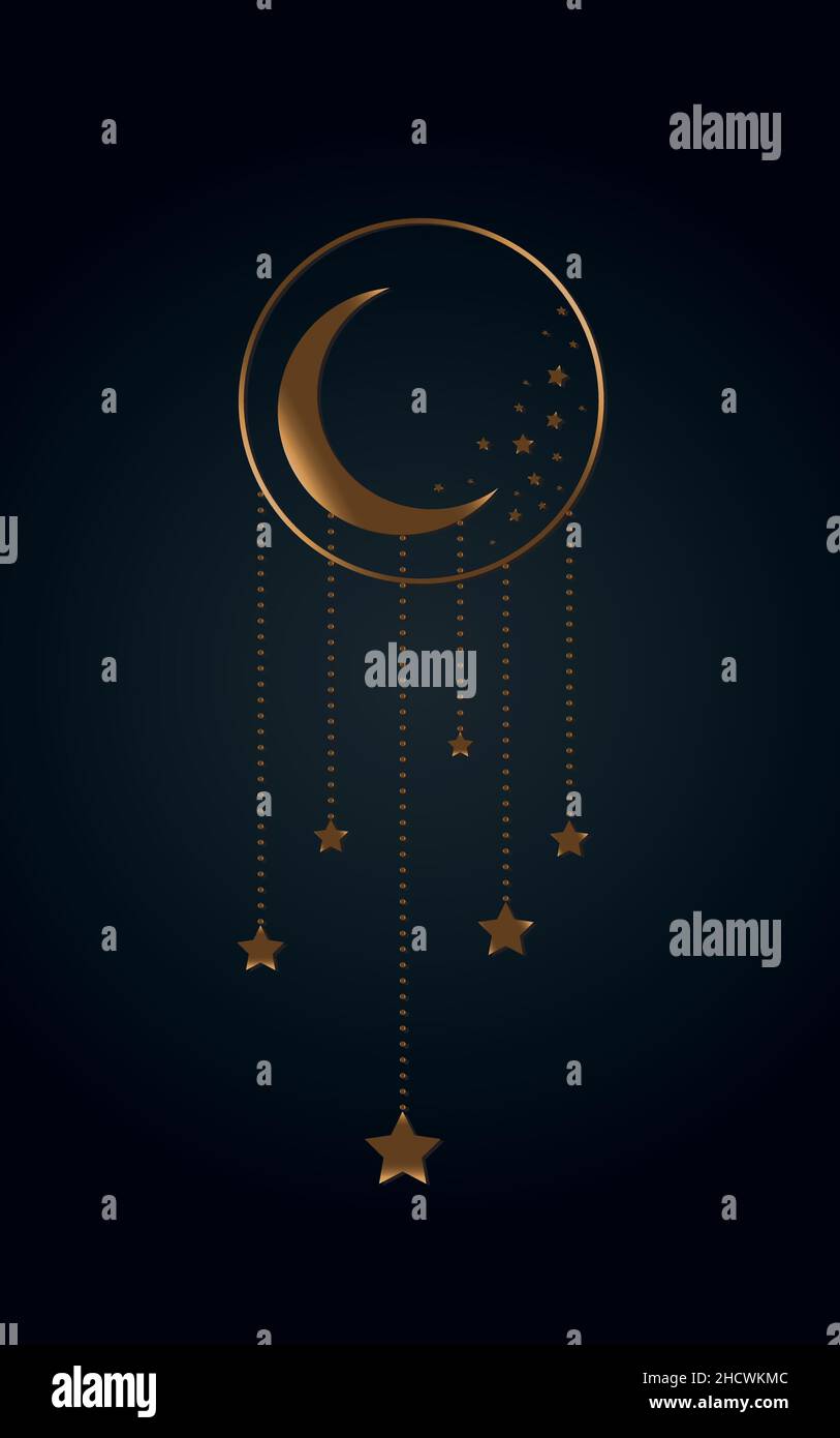Moon and stars Icon, Boho Witch and Magic symbol. mystic art sign, gold luxury emblem. Vector illustration isolated on black background, Flat style Stock Vector